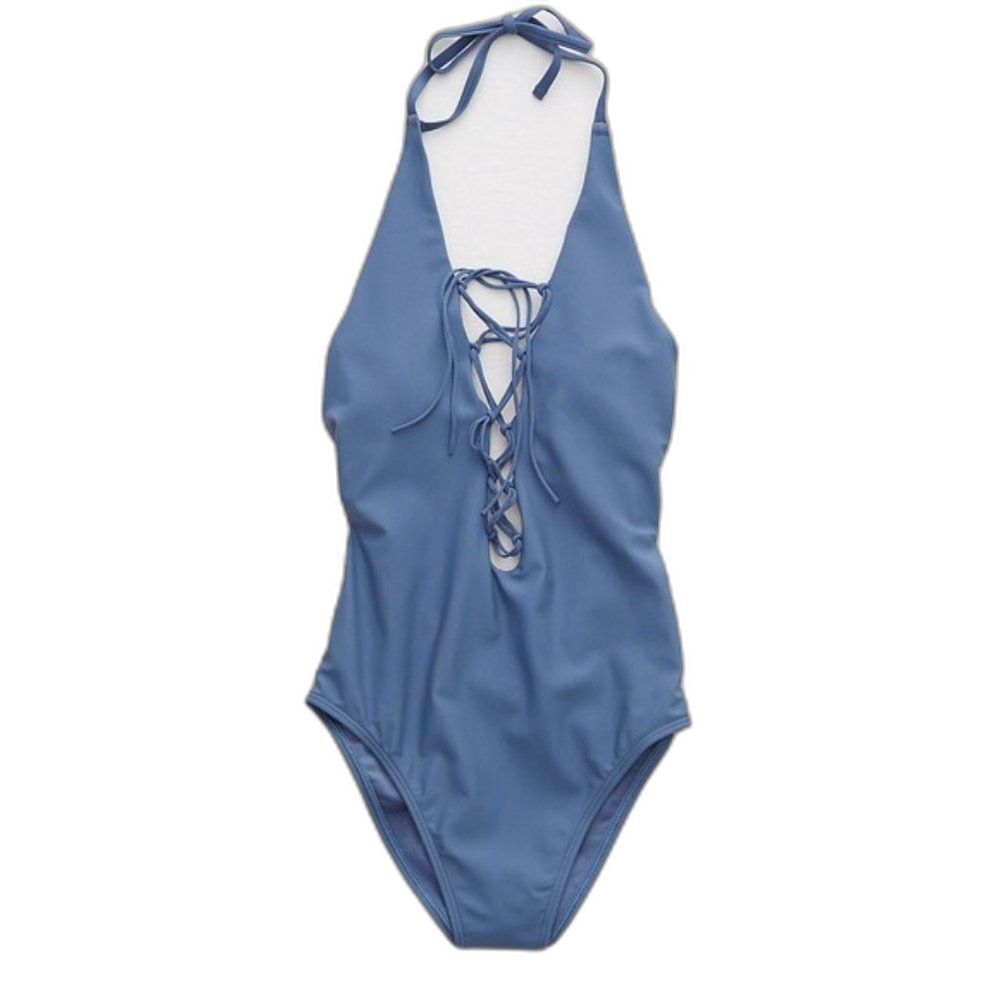 Aerie Halter Lace Up Blue One Piece Swimsuit